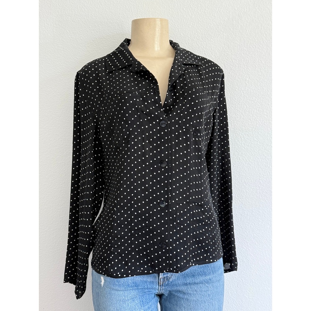 Chico's Black Polka Dot 100% Silk Blouse 0/S Minimalist Chic Career Office Siren